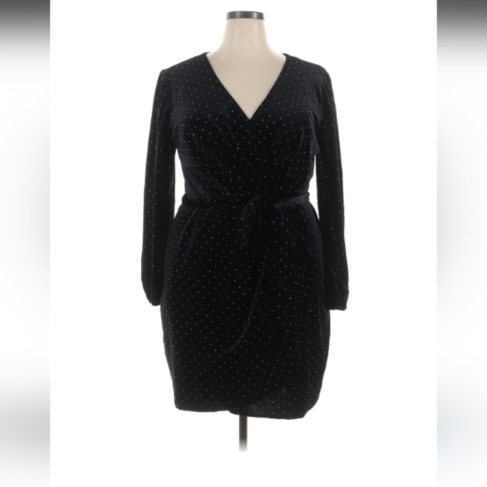 Nine West Black Velvet Studded Faux Wrap Long Sleeve Dress- Sz 2X